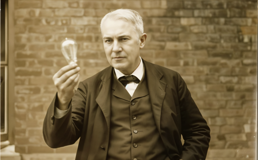 Caricatura de Thomas Edison y su lámpara incandescente